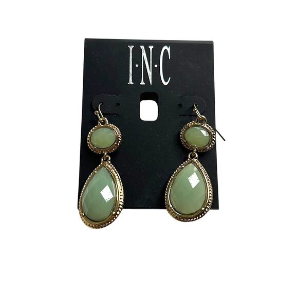 INC International Concepts Gold Teardrop Dangle Earrings w/ Green Gemstones, NWT - Picture 1 of 3